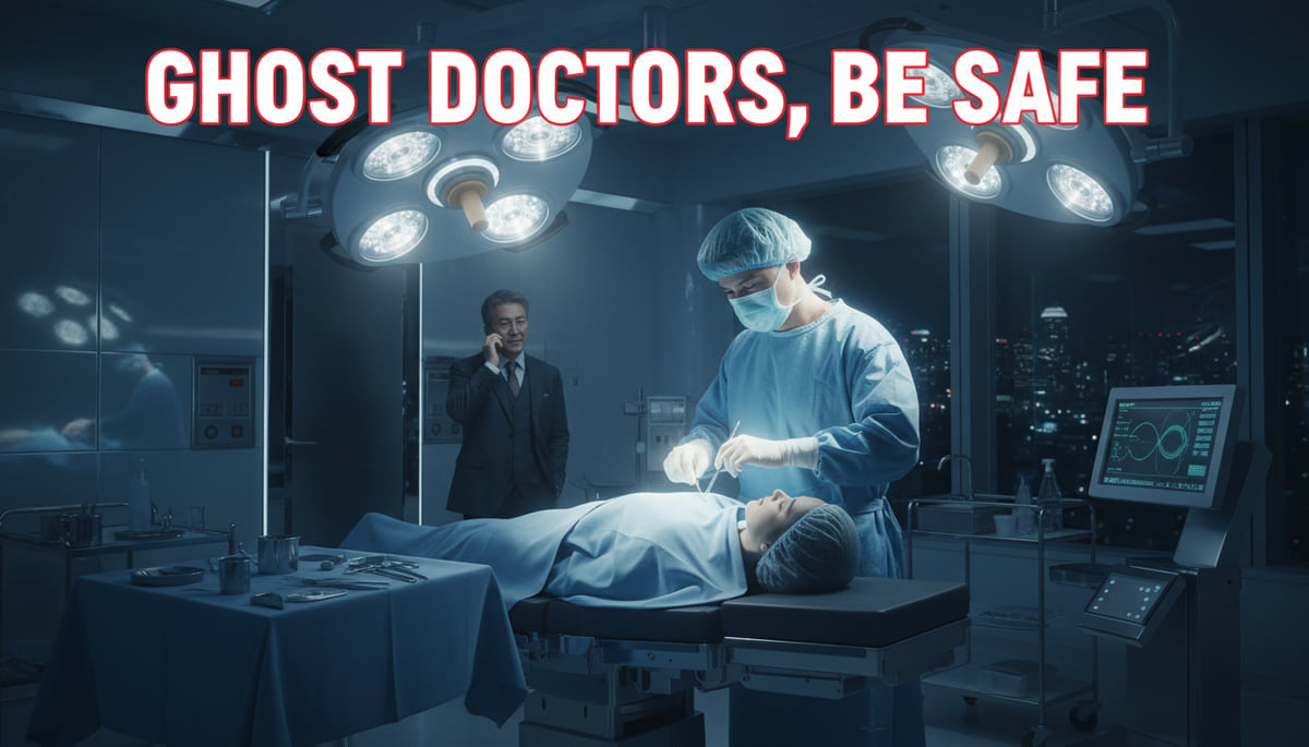 A chillingly sterile, futuristic operating room within a high-end plastic surgery clinic in Seoul, South Korea. A patient lies under bright surgical lights, partially draped, awaiting a facial procedure. Behind the drapes, instead of the primary surgeon, a translucent, ethereal 'ghost doctor' in surgical scrubs and mask meticulously performs the operation, their form subtly shimmering with an unsettling glow. The true, renowned surgeon is visible in the background, distracted or talking on a phone, completely disengaged. The scene evokes a sense of unease and hidden danger. Superimposed in large, impactful block letters across the top are the words: GHOST DOCTORS, BE SAFE.