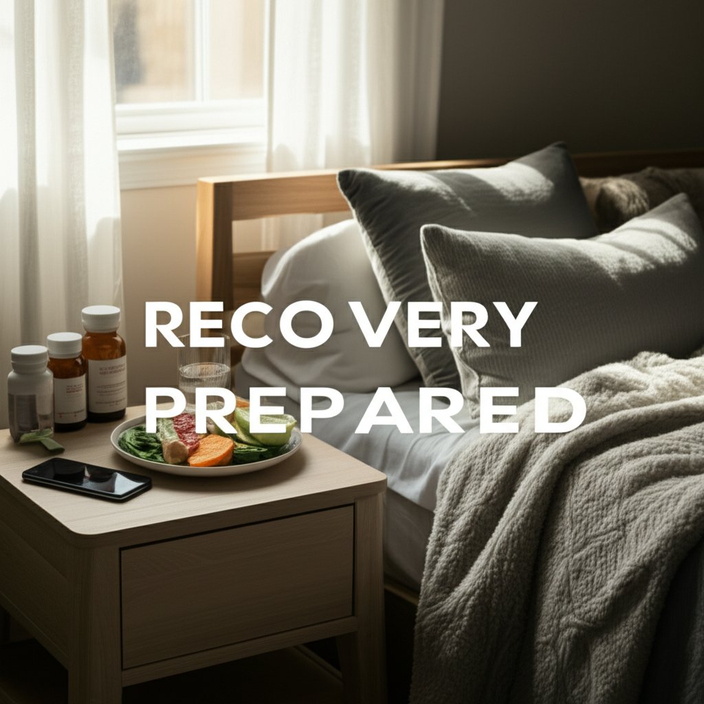 An illustrative image about: A meticulously organized and comfortable home recovery sanctuary. Soft pillows, a plush blanket, a s