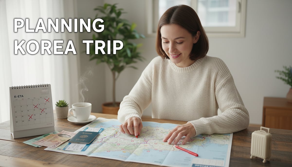A warm, inviting visual of a person, possibly a woman in her 30s-40s, meticulously planning a trip. She is sitting at a wooden table, looking at a travel itinerary or a map of South Korea. Around her are elements symbolizing travel logistics: a passport open to a visa page, a K-ETA document, a calendar marking off days, an airplane ticket, a small pile of Korean Won currency, and a small suitcase. The background subtly suggests a bright, modern room. The overall mood is organized and hopeful. Text in image: 'PLANNING', 'KOREA TRIP'