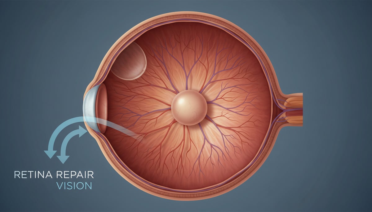 Medical illustration of retinal detachment and repair