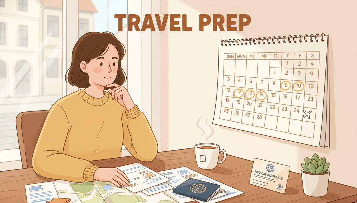 A clean, warm-toned illustration of a person organizing travel documents and a calendar with dates highlighted for a 90-day stay. Nearby, a medical tourism insurance card is visible. The scene should convey thoughtful planning and preparation. Text overlay: 'TRAVEL PREP', 'MEDICAL INSURANCE'. Not futuristic.