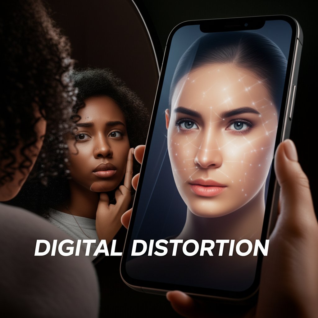 An illustration showing the difference between reality and digital distortion on social media