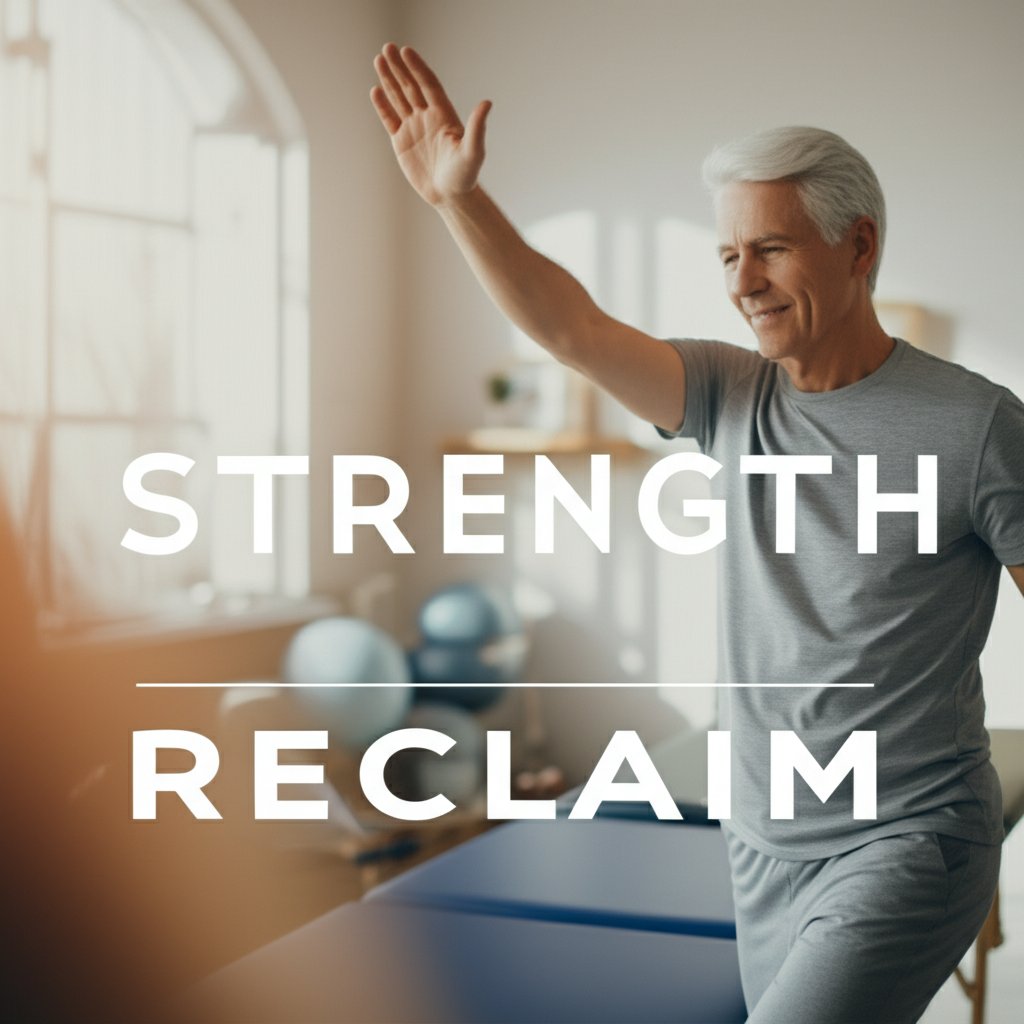 A serene, hopeful scene of an individual, perhaps an older adult, performing very gentle rehabilitation exercises like a small, assisted step or a slow arm raise, in a bright, calm physical therapy setting. The lighting is soft and encouraging. The words "STRENGTH" and "RECLAIM" are prominently displayed in large, modern fonts within the image, integrated naturally into the background.