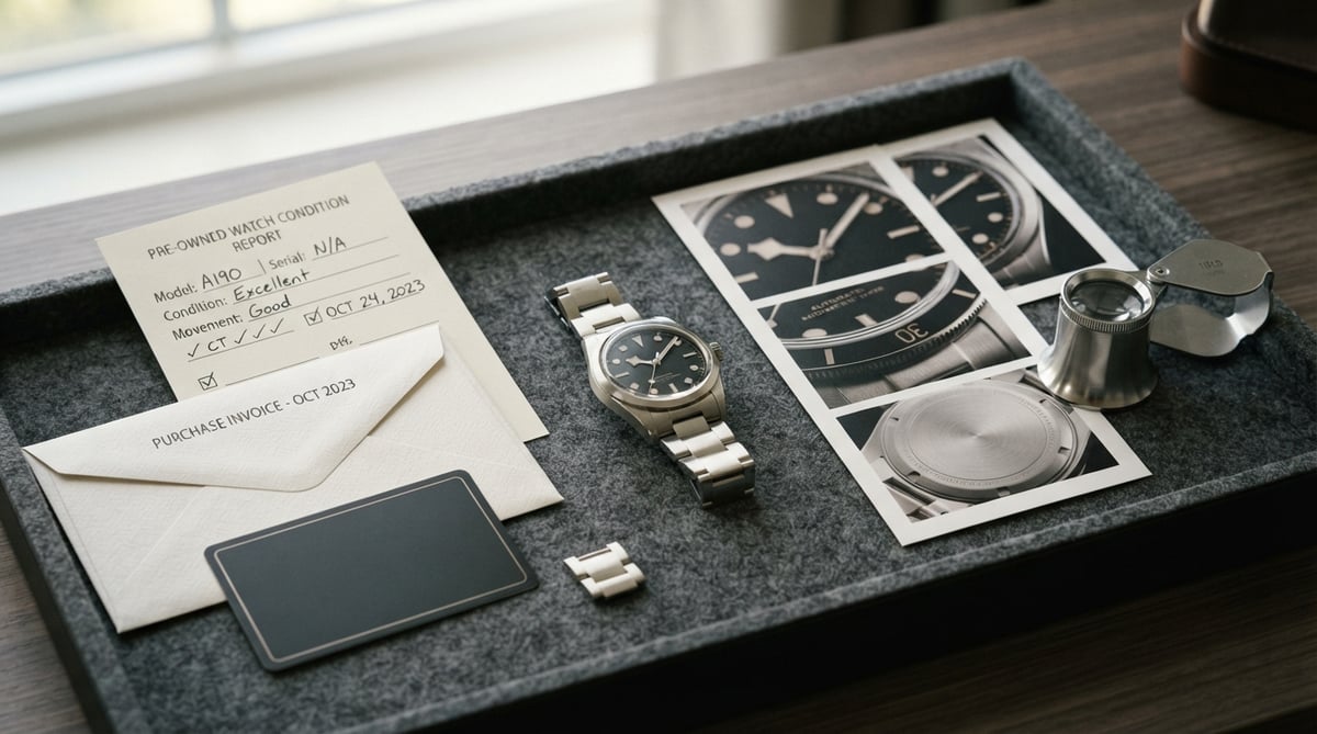 A luxury silver watch with a dark dial resting beside a