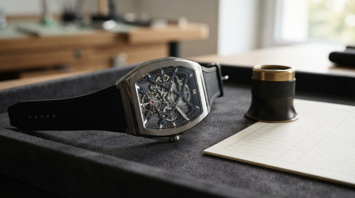 Close-up of a skeleton watch revealing a complicated mechanical movement with blue and gold accents under directional lighting on a dark felt surface.