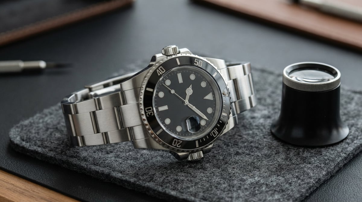 Stainless steel dive watch with black bezel and luminous markers on a textured gray felt surface, photographed with soft directional lighting and shallow depth of field, a watchmaker's loupe beside it