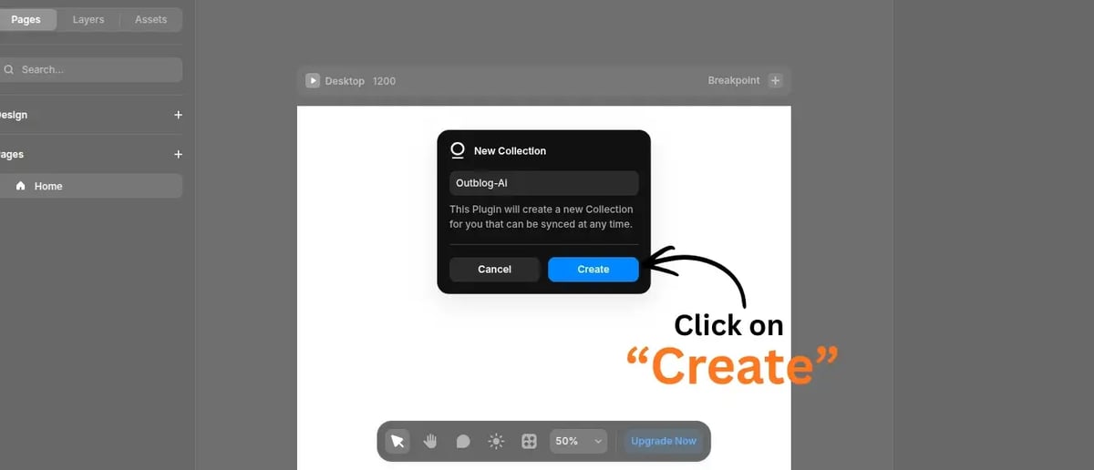 Framer prompt showing new CMS collection name for Outblog-AI