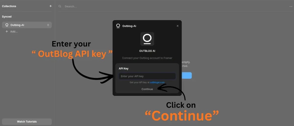 Outblog AI plugin dialog asking for API key in Framer