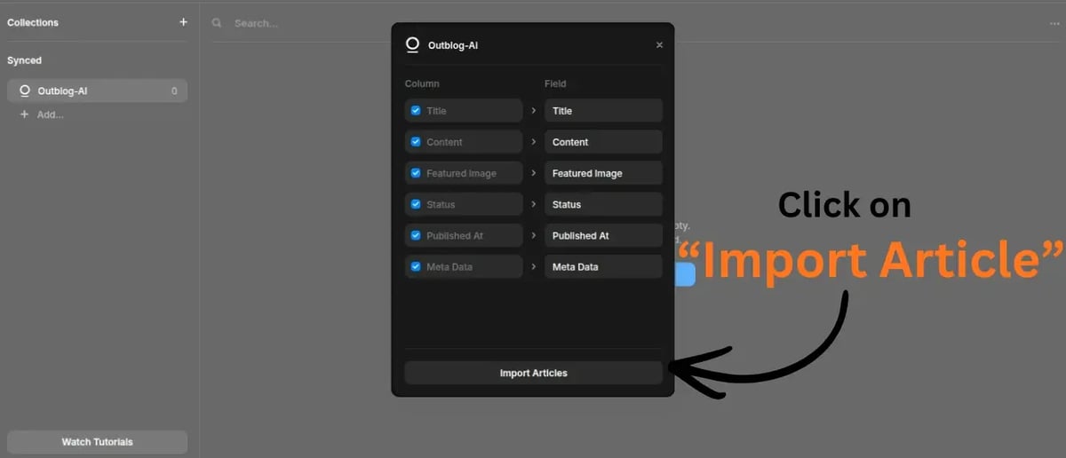 Outblog-AI import dialog showing selectable fields like Title, Content, Featured Image and more
