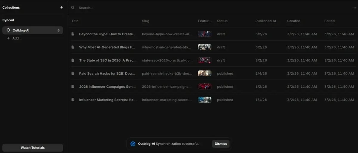 Framer CMS view showing a list of synced Outblog articles in the Outblog-AI collection