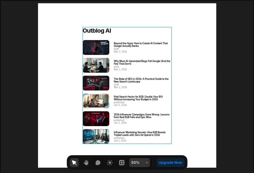 Framer collection view showing a list of synced Outblog articles