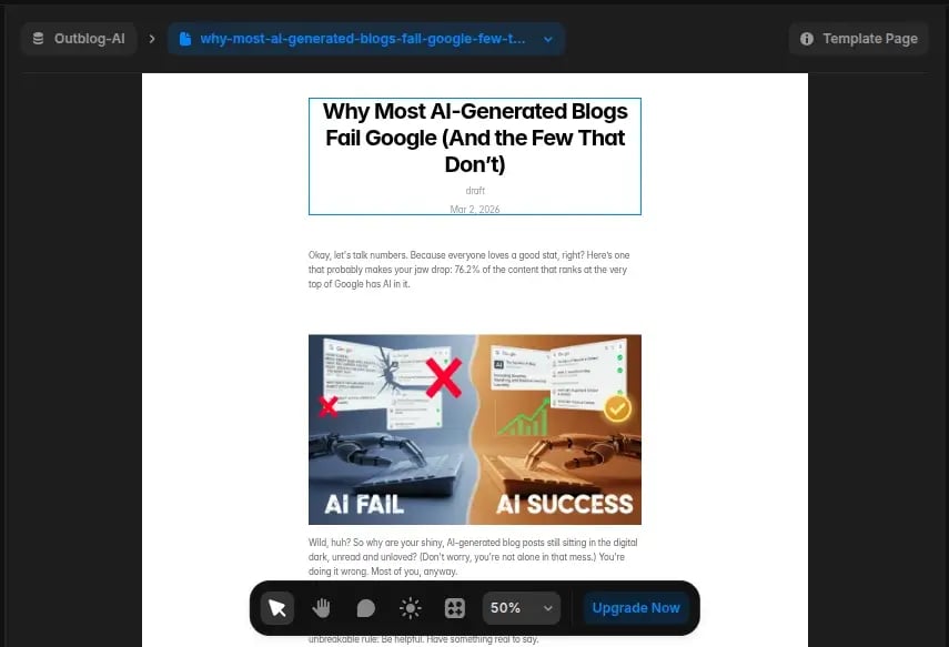 Framer blog detail page built from a synced Outblog article